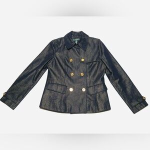 VTG LAUREN RALPH LAUREN dbl breasted darkwash Denim metallic gold Pea-Coat Large